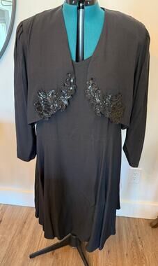 Vintage David Rose 2 Piece Dress Jacket Set Knee Length Sequin Black Size 24W